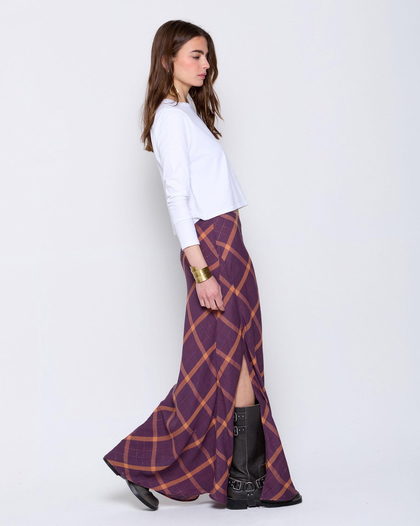 Long Purple Plaid Skirt