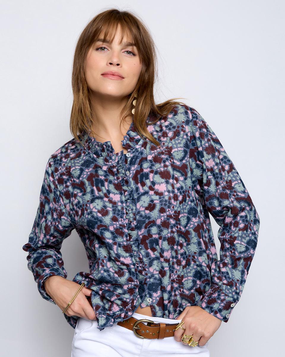 Blusa Volantes Repulgo Estampado Manchas Verde