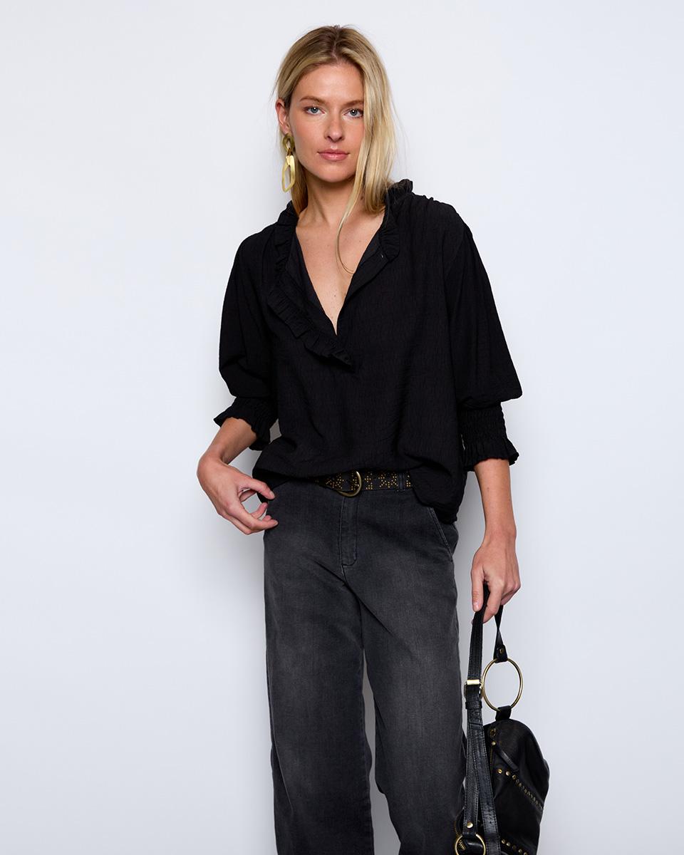 Black Ruffle Neckline Blouse