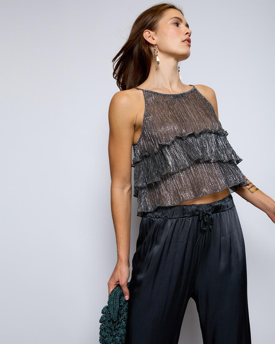 Black Ruffle Glitter Top