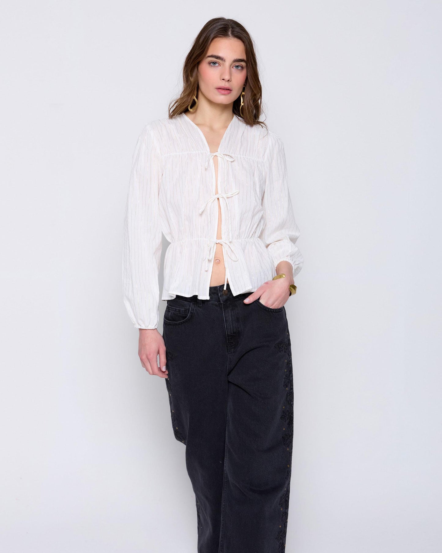 White Lurex Bow Blouse