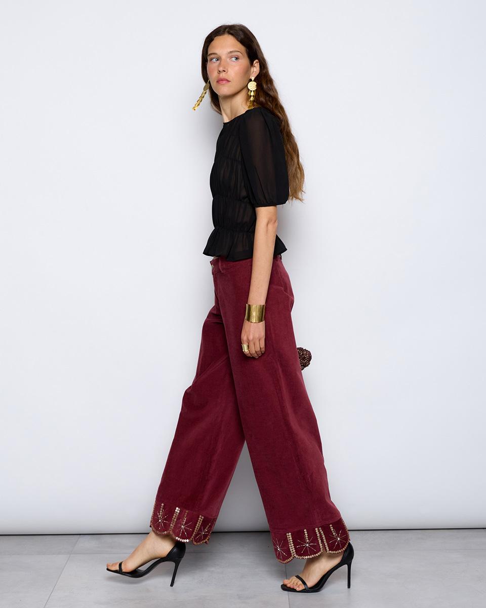 Velvet Trousers with Garnet Rhinestone Embroidery