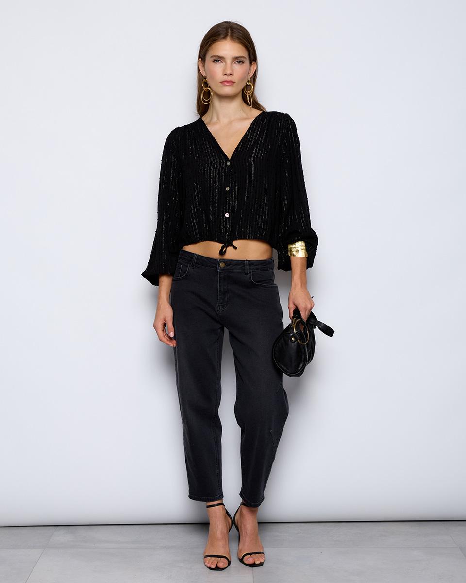 Black Metallic Thread Plumeti Blouse