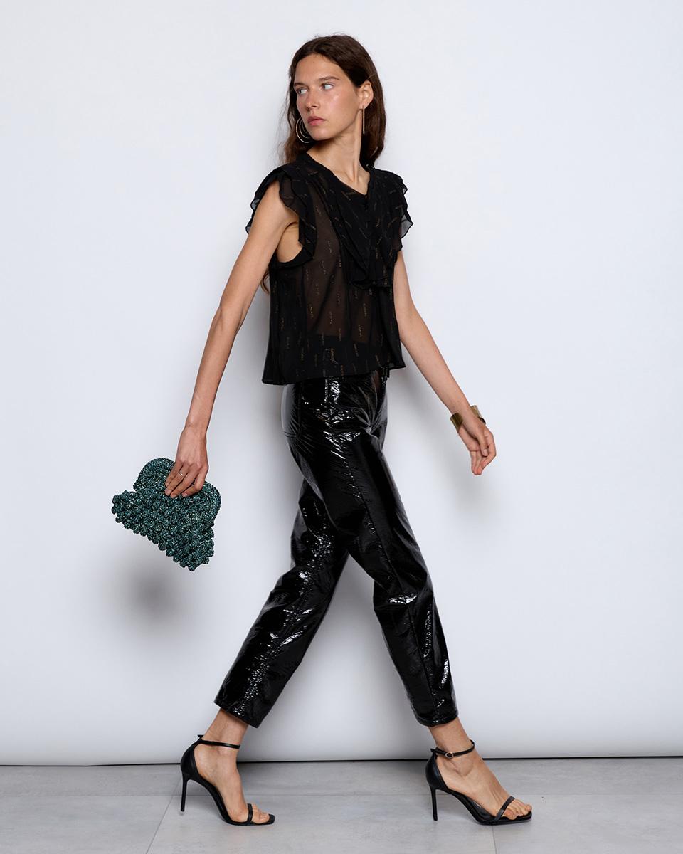 Black Glitter Ruffle Sleeveless Blouse