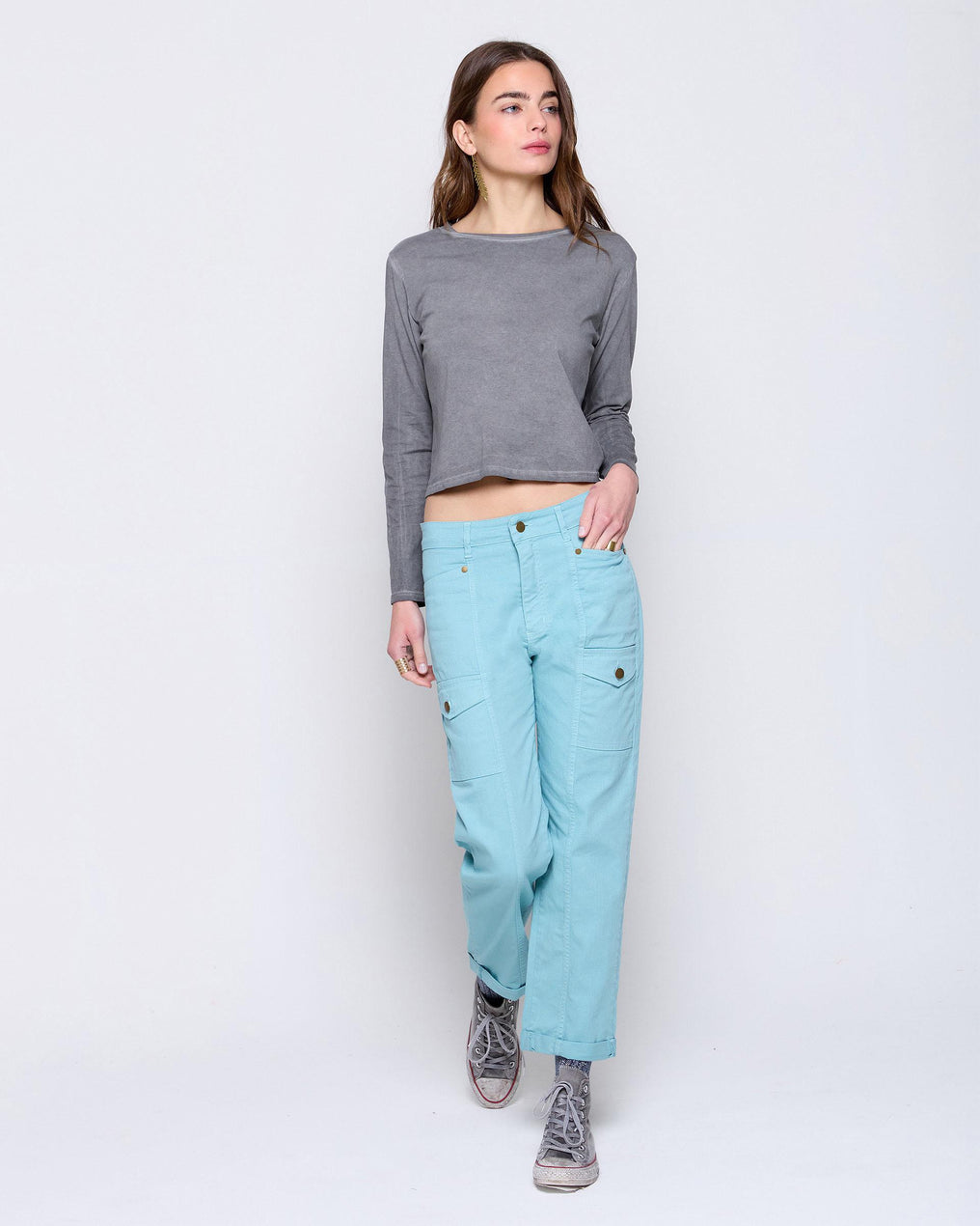 Jeans with contrasting pockets in water green