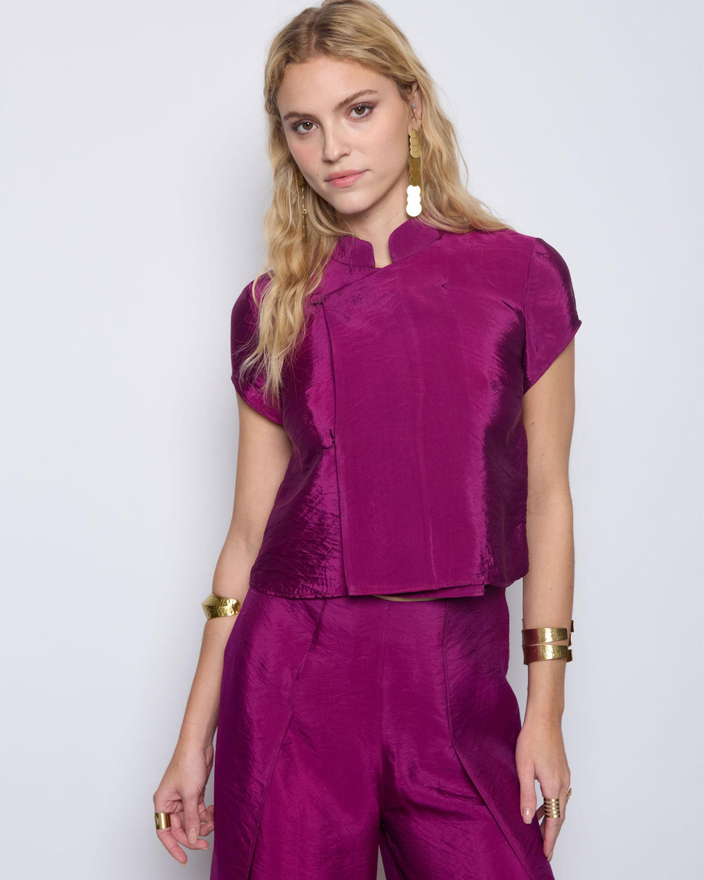 Japanese Crossed Short Sleeve Top Fuchsia