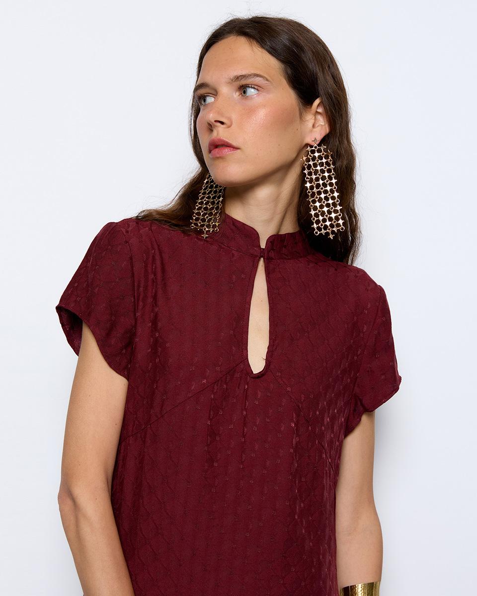 Long Mao Collar Burgundy Dress