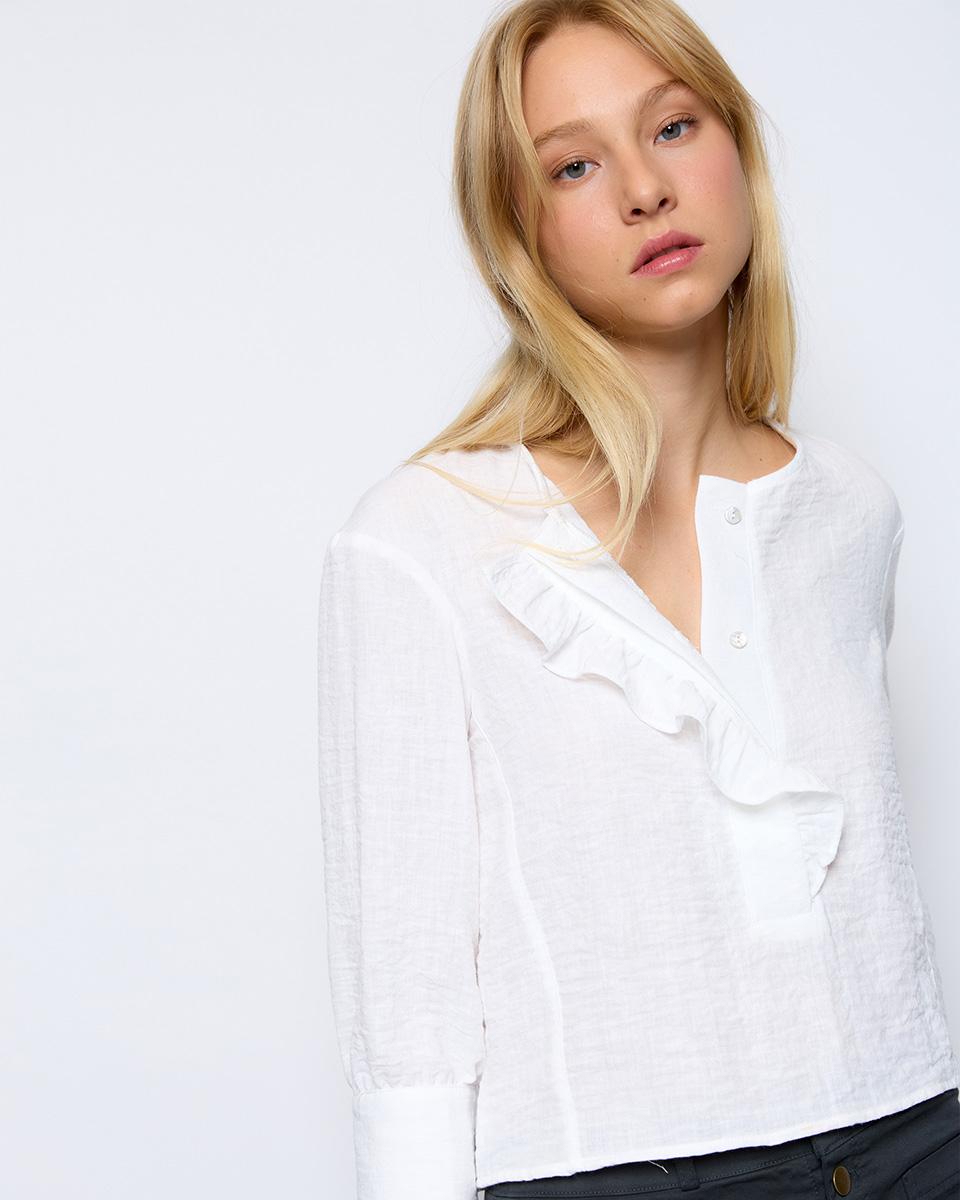 White Ruffle Front Blouse