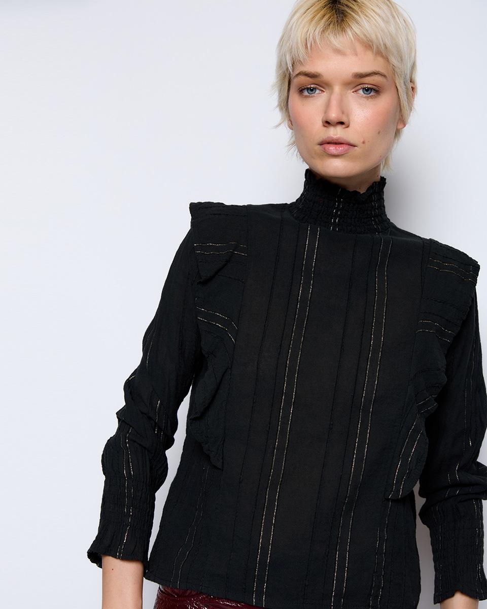 Blouse with ruffled shoulders and metallic thread in black