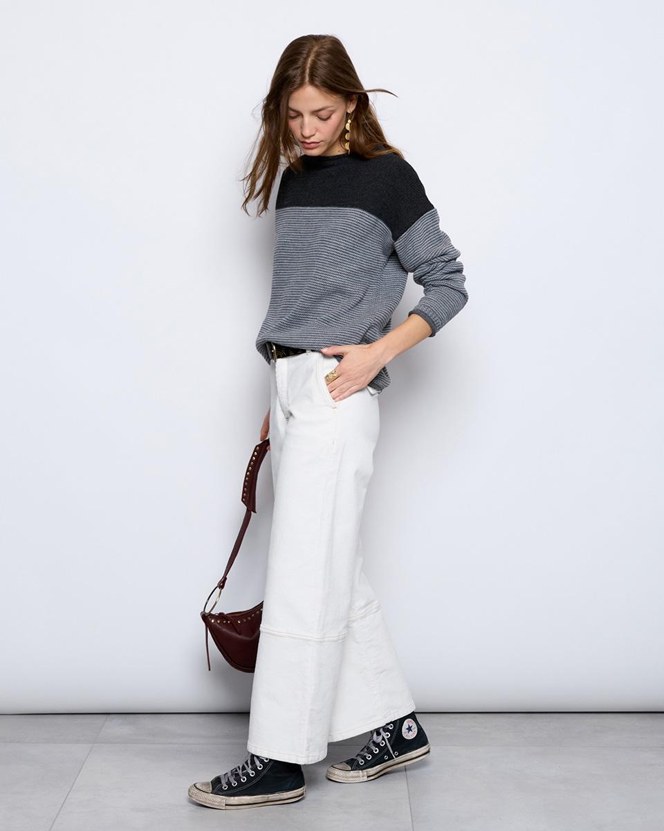 Corduroy Trousers with Contrast Stitching in White