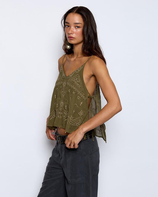 Green Embroidered Peak Strap Top