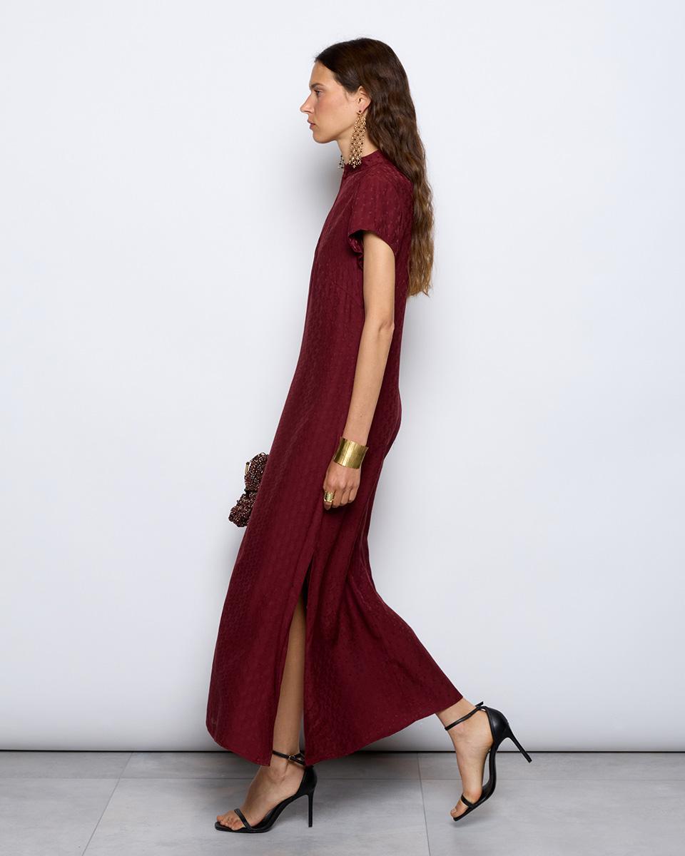 Long Mao Collar Burgundy Dress