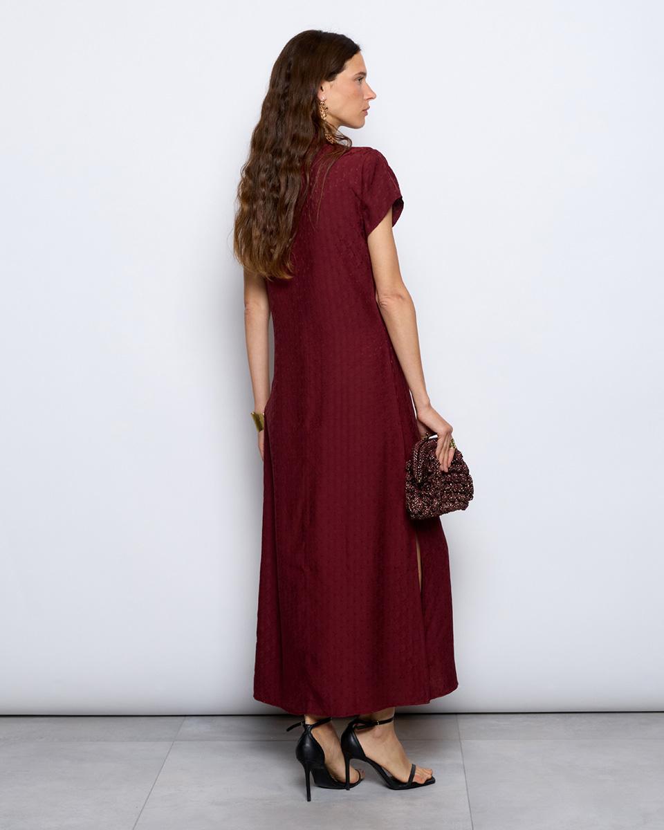 Long Mao Collar Burgundy Dress